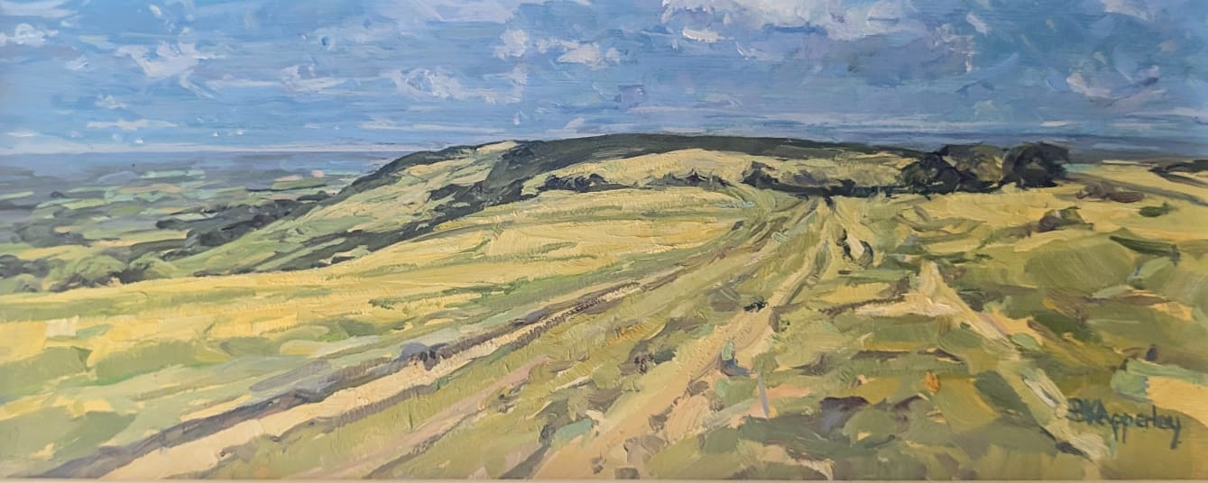 Walking the South Downs Way from Ditchling Beacon on a blustery day. 115 x 285 mm - image size.  Oil on Board.  £295 including frame, which is in addition to the image size. 